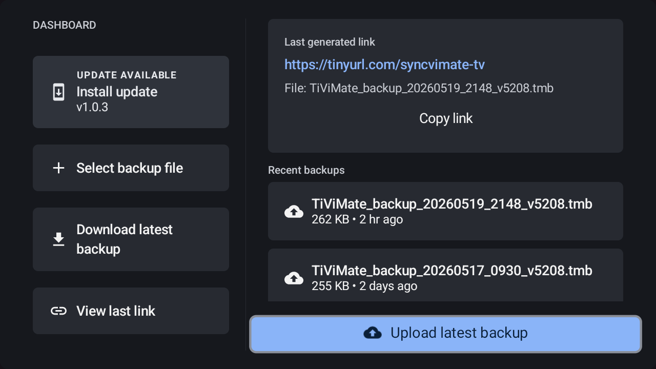 Dashboard - Backup & Download
